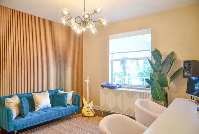 living room featuring radiator heating unit and an inviting chandelier