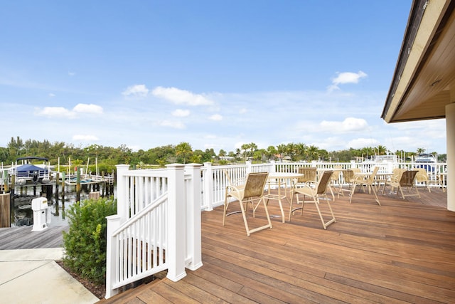 deck featuring a water view and a dock