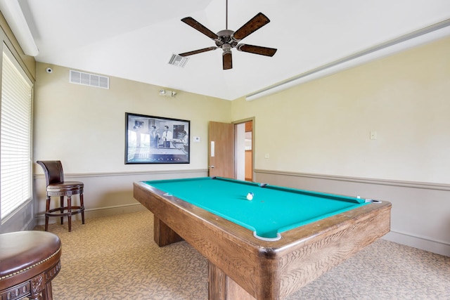 rec room featuring ceiling fan, billiards, and light colored carpet