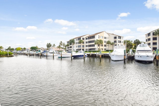 water view featuring a dock