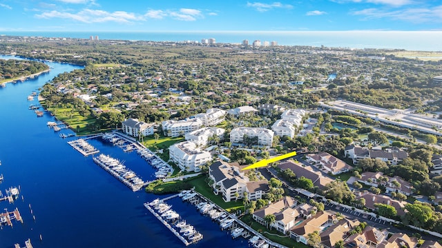 bird's eye view with a water view