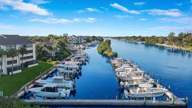 view of water feature with a dock