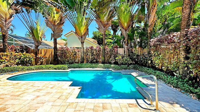 view of pool featuring a patio area and glass enclosure