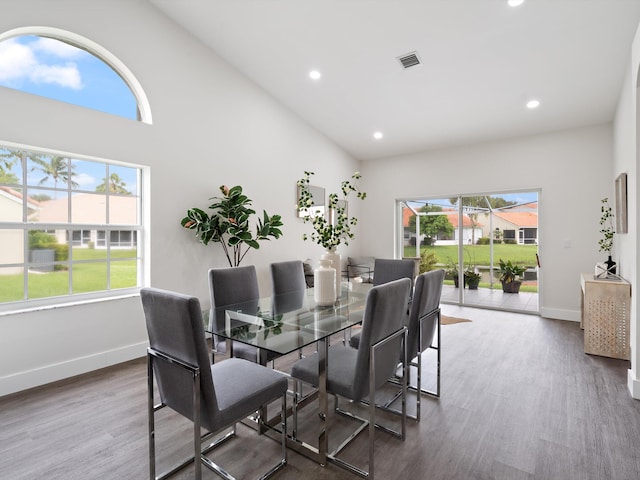 dining room featuring hardwood / wood-style flooring and high vaulted ceiling