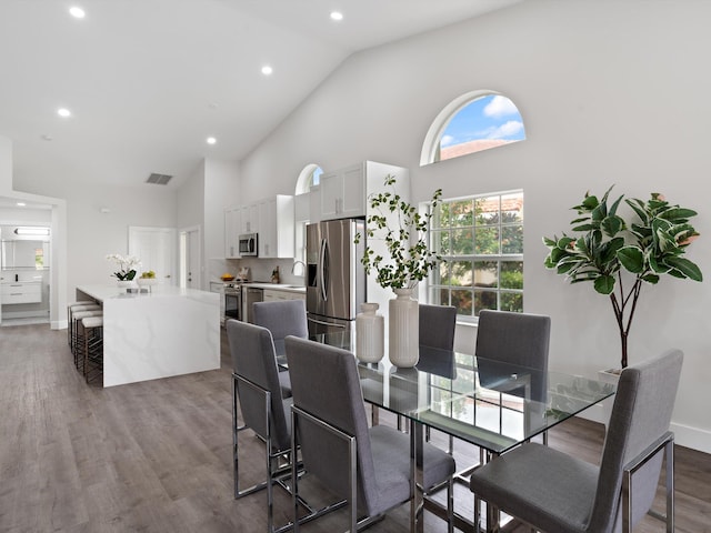 dining space with high vaulted ceiling, sink, and dark hardwood / wood-style flooring