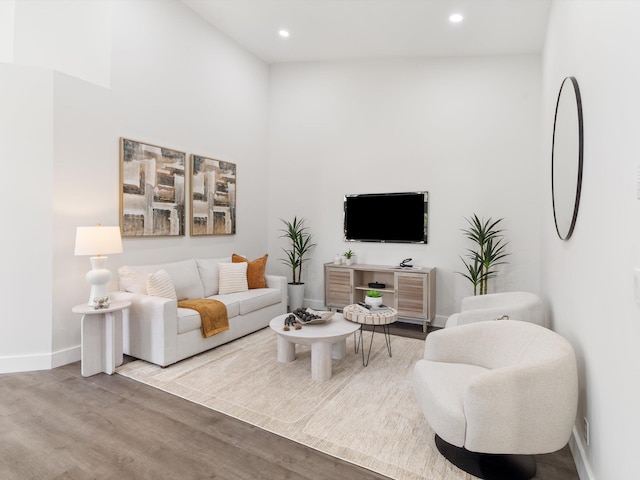 living room with light hardwood / wood-style floors and high vaulted ceiling