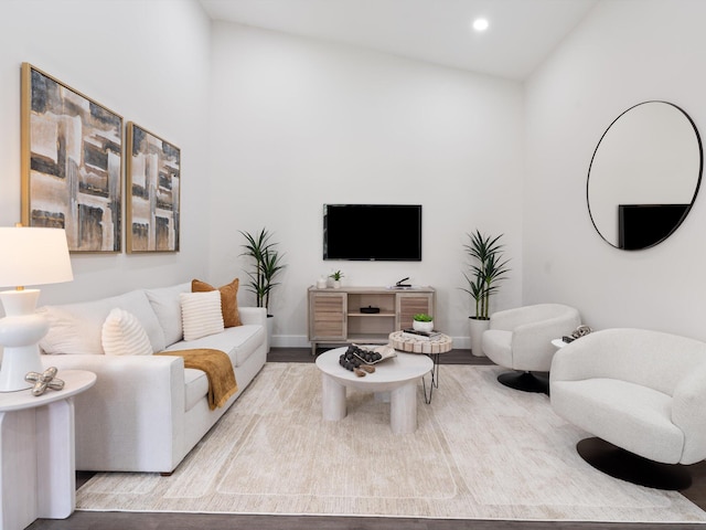 living room with hardwood / wood-style floors and high vaulted ceiling