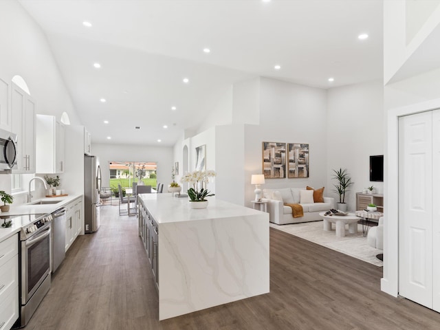 kitchen with white cabinets, hardwood / wood-style flooring, and stainless steel appliances