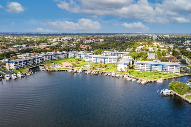 bird's eye view with a water view