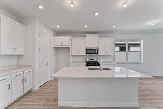 kitchen with sink, appliances with stainless steel finishes, light hardwood / wood-style flooring, and a center island with sink