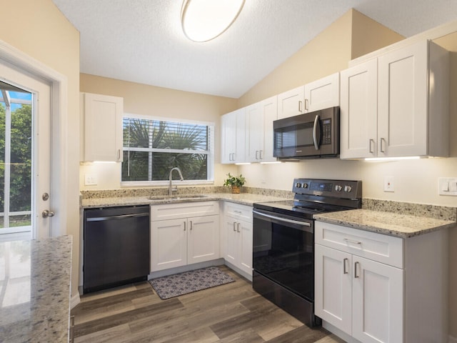 6166 Lake Hibiscus Dr, Delray Beach, FL 33484 - kitchen with stainless steel microwave, dishwashing machine, black electric range, a sink, and white cabinetry