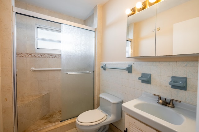 bathroom featuring backsplash, walk in shower, toilet, tile walls, and vanity