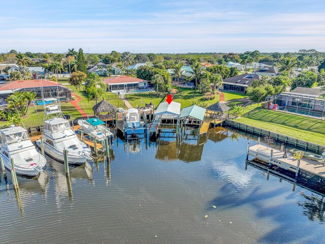 drone / aerial view featuring a water view