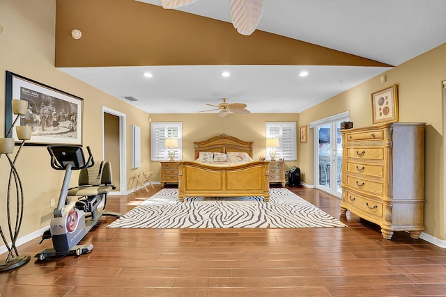 bedroom featuring ceiling fan, vaulted ceiling, and hardwood / wood-style floors