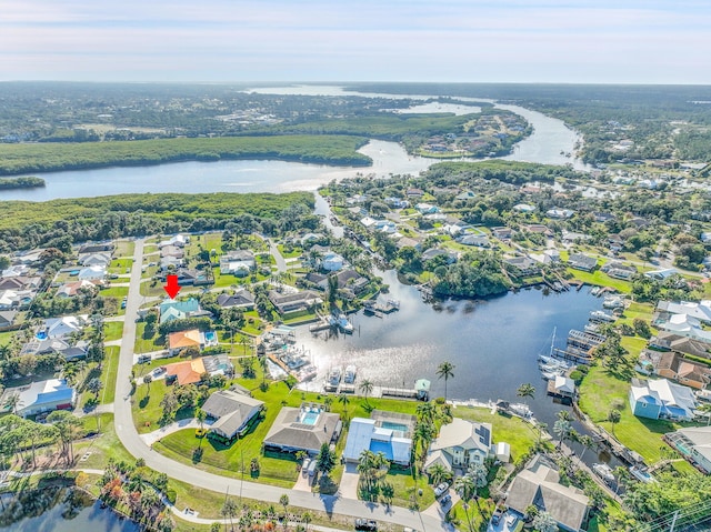 bird's eye view with a water view