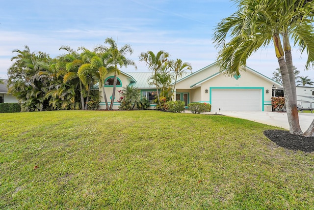 single story home with a garage and a front lawn