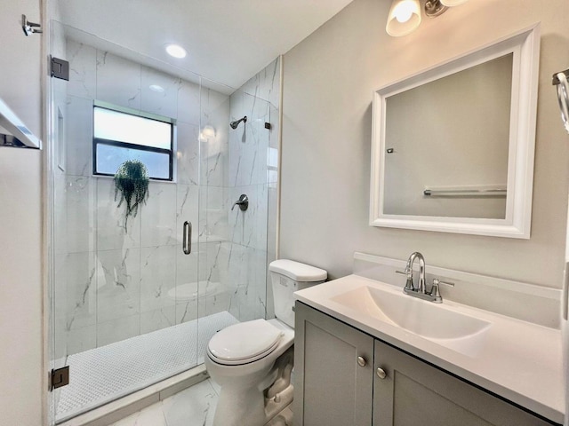 bathroom with toilet, marble finish floor, a marble finish shower, and vanity