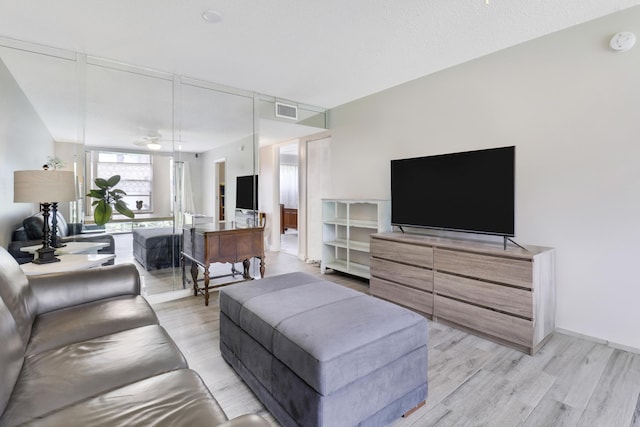 living room with light hardwood / wood-style floors and a textured ceiling