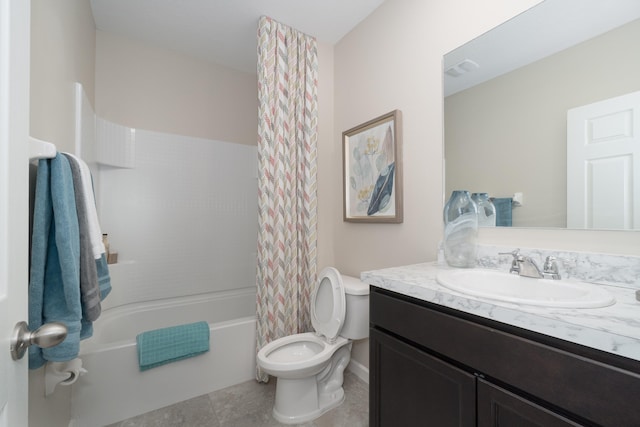 full bathroom featuring tile patterned floors, shower / bath combo, toilet, and vanity