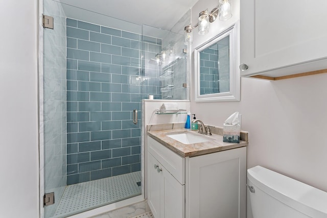 bathroom with vanity, an enclosed shower, and toilet