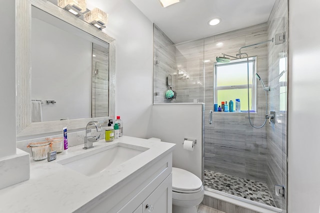 bathroom with vanity, walk in shower, and toilet