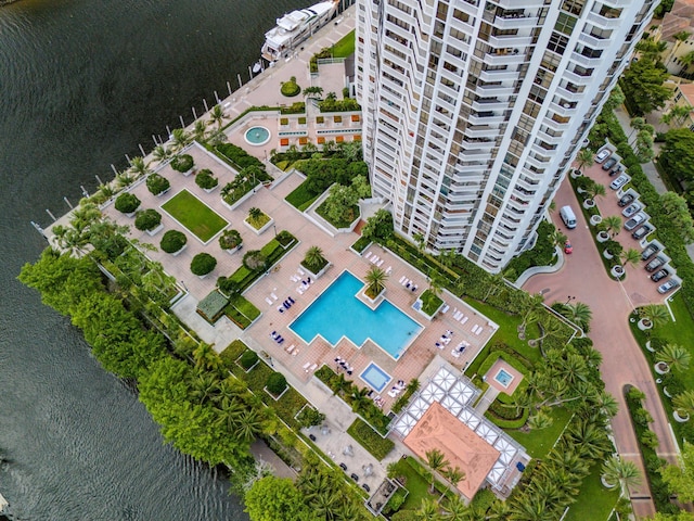 birds eye view of property featuring a water view