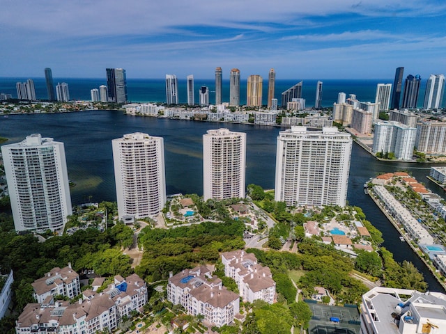 drone / aerial view featuring a view of city and a water view