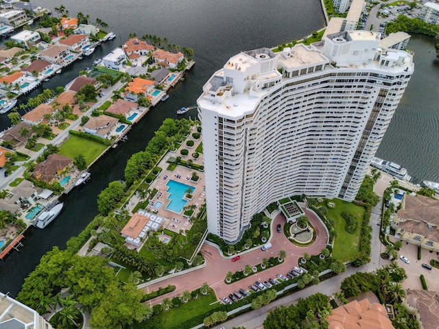 drone / aerial view featuring a water view