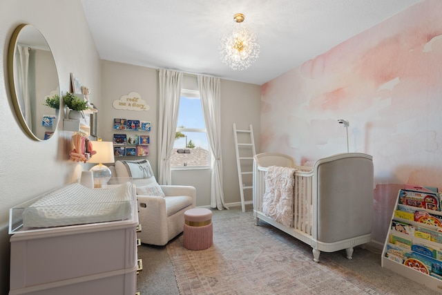 bedroom with light colored carpet and a notable chandelier