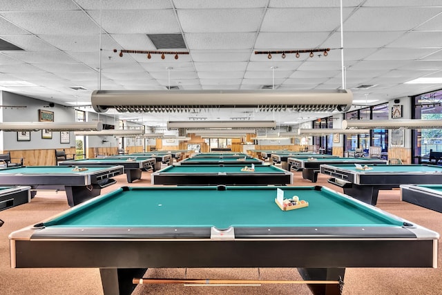 rec room featuring carpet, billiards, and a drop ceiling