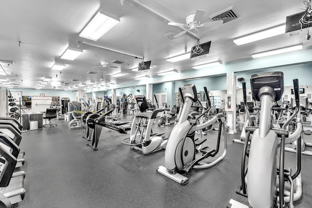 workout area featuring ceiling fan