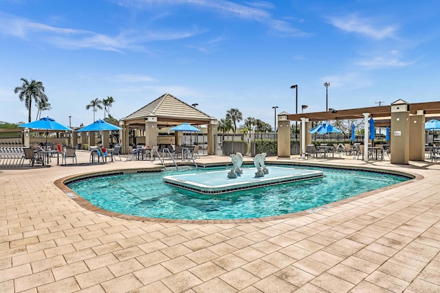 view of swimming pool featuring a patio area