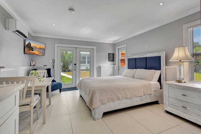 bedroom featuring a wall mounted air conditioner, access to exterior, crown molding, and light tile patterned flooring