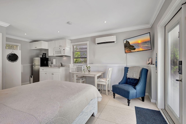 tiled bedroom featuring a wall unit AC, sink, ornamental molding, and stainless steel fridge