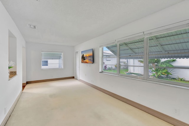 carpeted empty room featuring a textured ceiling and plenty of natural light