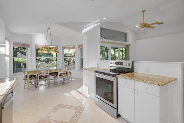 kitchen featuring white cabinetry, ceiling fan, stainless steel appliances, light stone counters, and pendant lighting