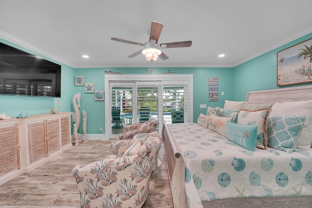 bedroom with access to exterior, ceiling fan, crown molding, and light wood-type flooring