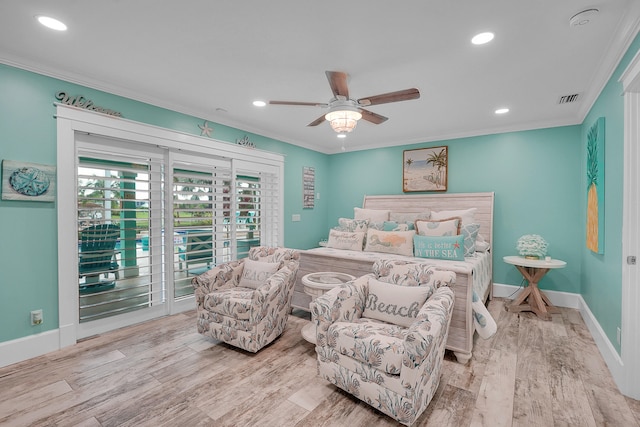 bedroom featuring access to exterior, ceiling fan, crown molding, and light wood-type flooring