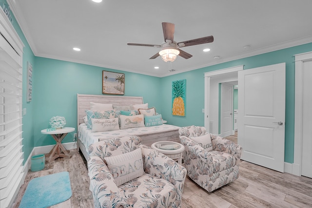 bedroom with ceiling fan, ornamental molding, and light wood-type flooring