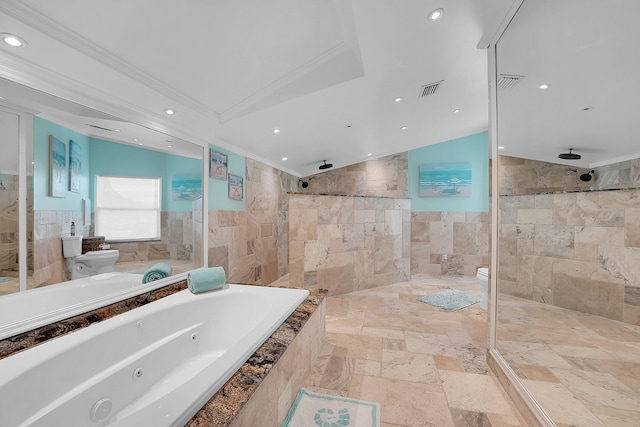 bathroom with independent shower and bath, vaulted ceiling, and crown molding