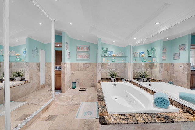 bathroom featuring vanity, crown molding, tiled bath, and vaulted ceiling