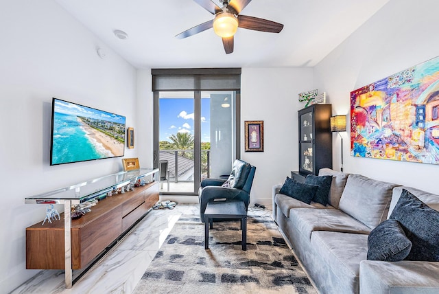 tiled living room with ceiling fan