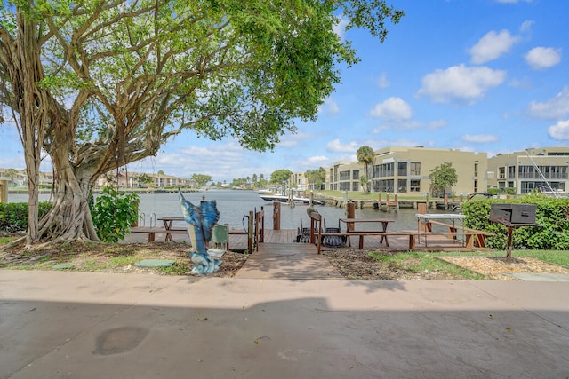 view of property's community featuring a boat dock and a water view