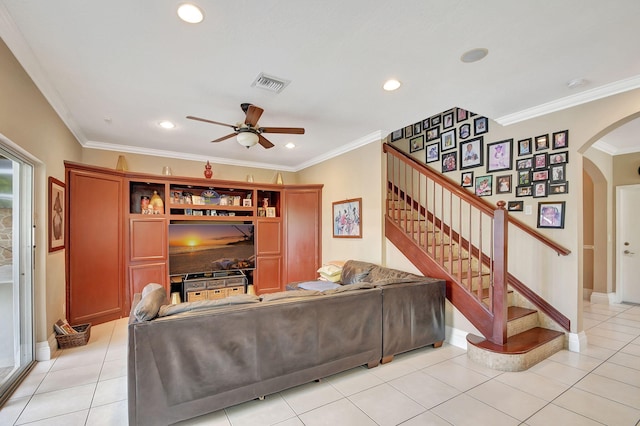 living room featuring recessed lighting, stairway, visible vents, ceiling fan, and arched walkways