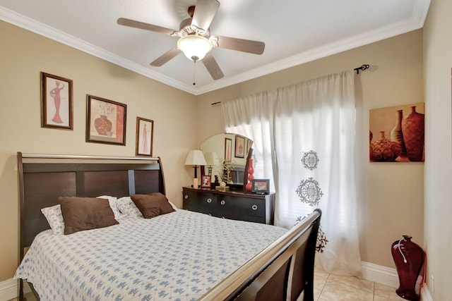 bedroom featuring light tile patterned floors, ceiling fan, and crown molding