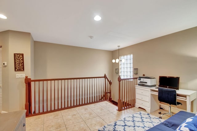 office area with light tile patterned floors, baseboards, recessed lighting, and a chandelier