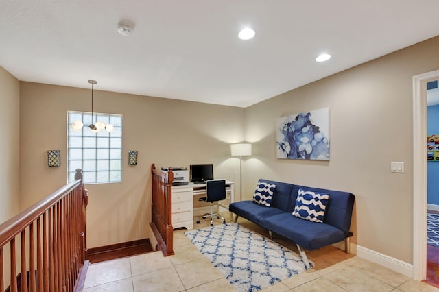 office area with light tile patterned floors, baseboards, recessed lighting, and a chandelier