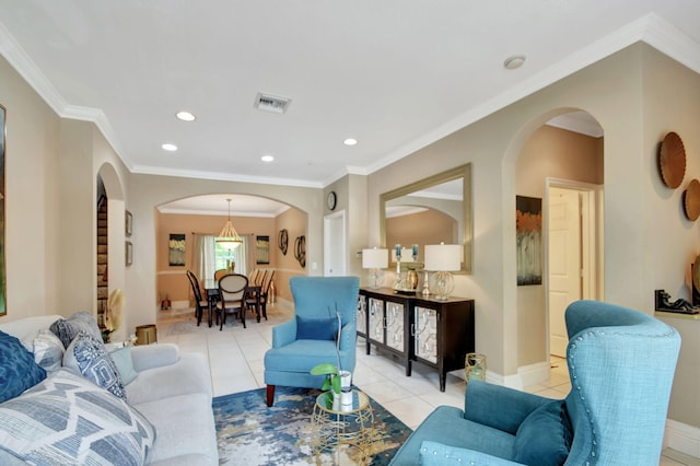 tiled living room featuring crown molding