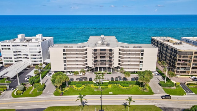 bird's eye view with a water view