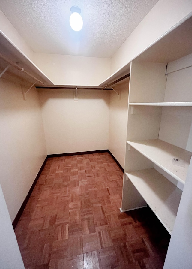 spacious closet featuring parquet floors